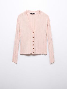 Mango Light Pink Ribbed V-Neck Button Cardigan